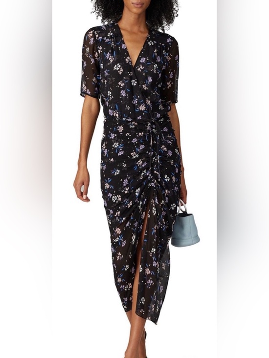 Veronica Beard Dresses & Skirts - Veronica Beard Silk Mariposa Black Floral Semi Sheer Ruched Midi Dress Sz 8